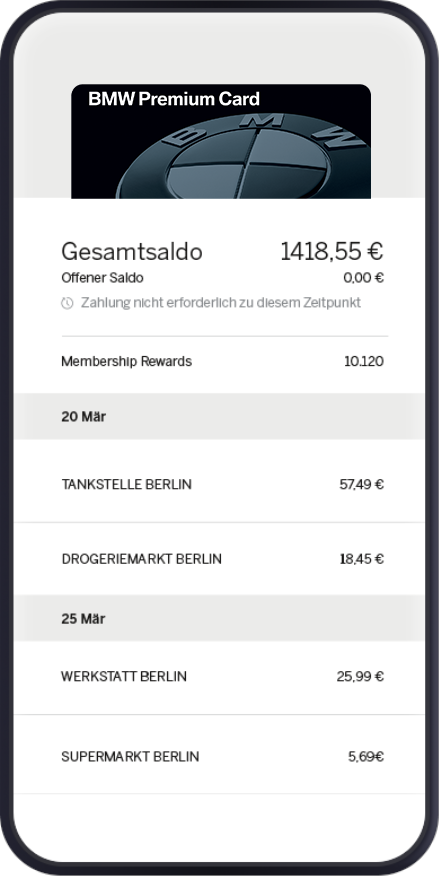 App-Ansicht BMW Carbon Card Abbuchungen